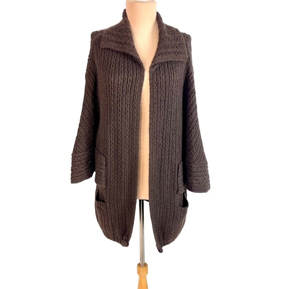 CAbi Oversized Brown Cable Knit Cardigan Sweater XS/S Cape Sleeve Open Front - Picture 2 of 13